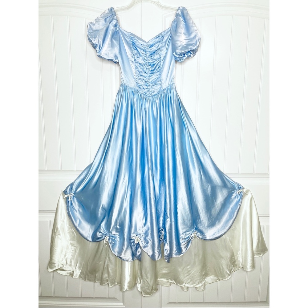 Vintage Blue and Ivory Satin Prom Ballgown